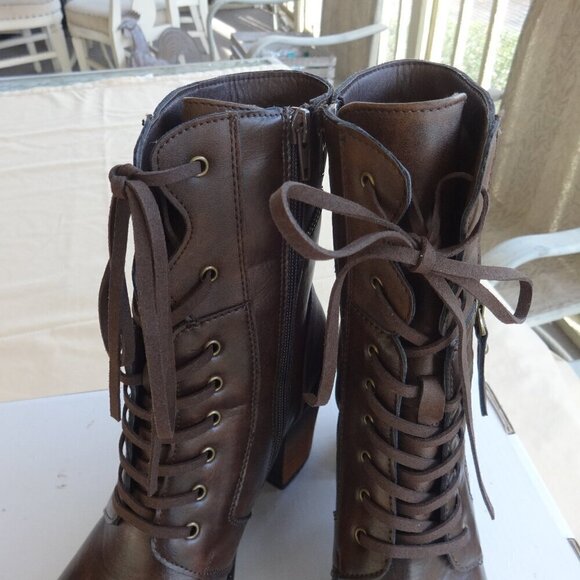 Pierre Dumas Ravenna, women's 8M  two tone brown lace up zip up boots, 2" heels - Picture 9 of 16